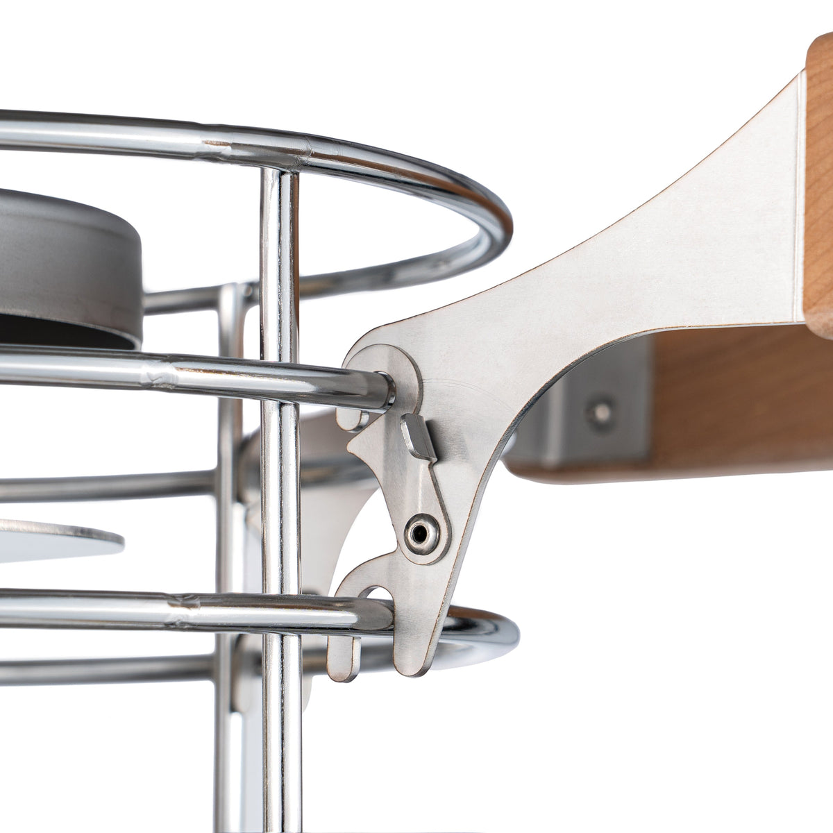 Close-up of a SaunaLife TITAN SL1 Heater Guard with a brushed silver bracket and a light wood handle on a white background.