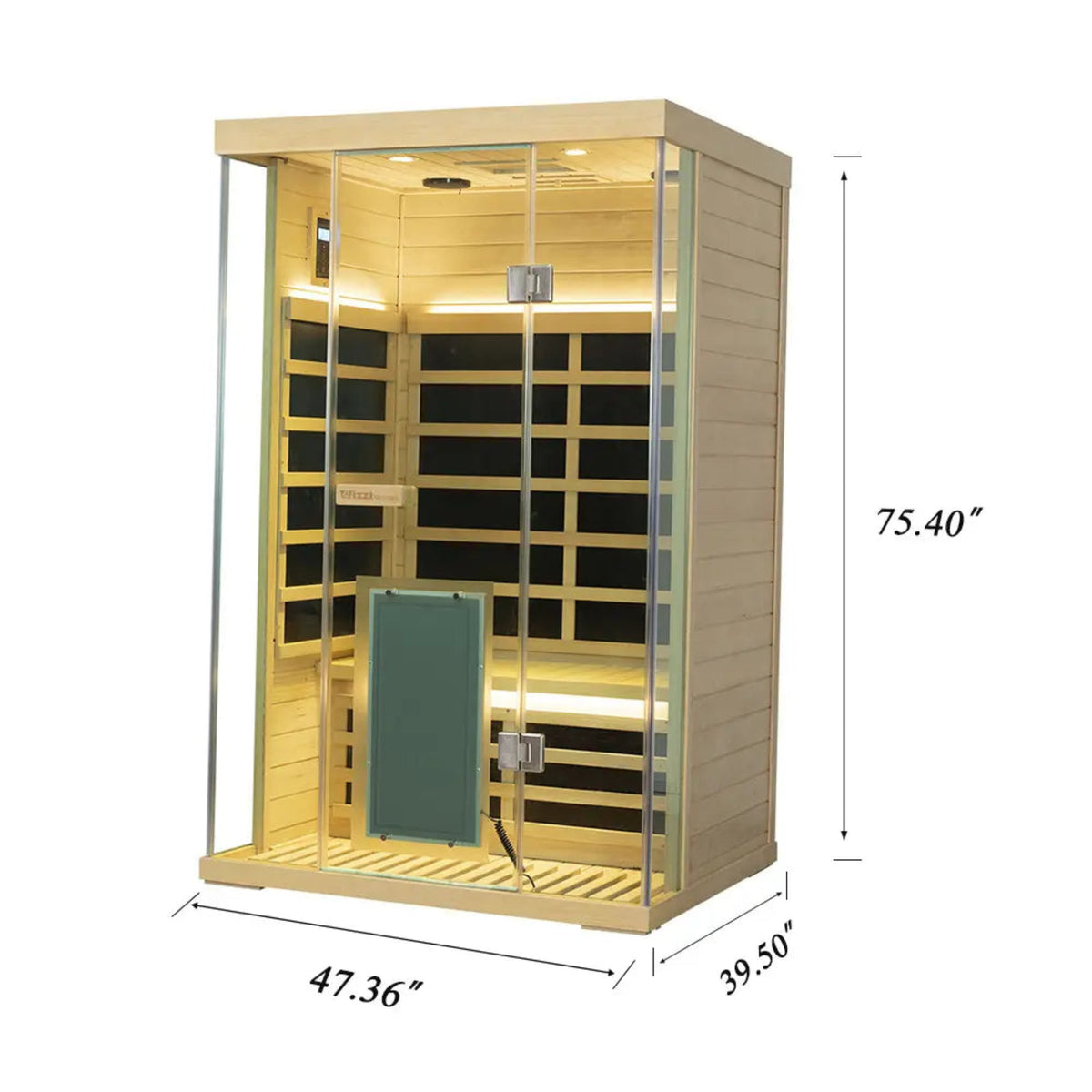 2-person infrared sauna hemlock Wizzisaunas SH02 with dimensions 47.36" x 39.50" x 75.40" for full-spectrum relaxation.