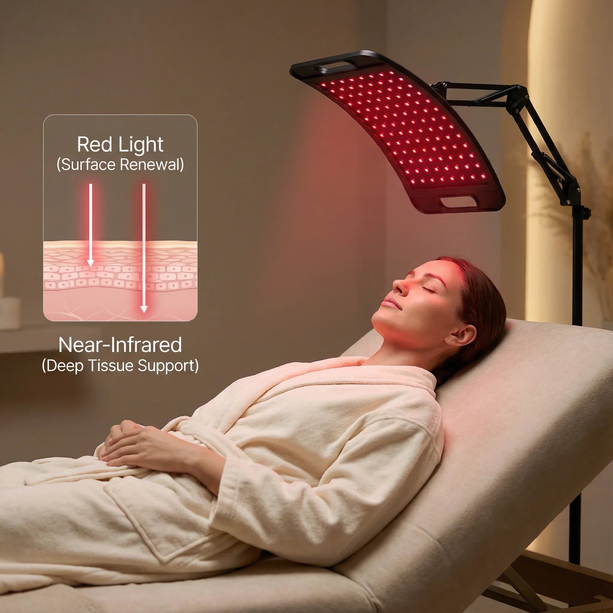 Woman receiving red light therapy in a clinical setting with an illustration of red light and near-infrared light.