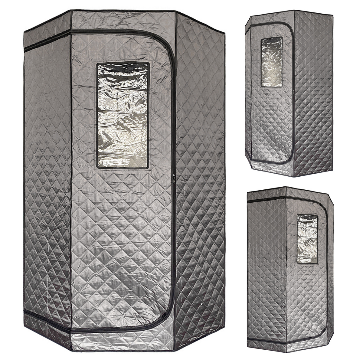 sauna showing 3 sides with quilted design and reflective interior on a white background