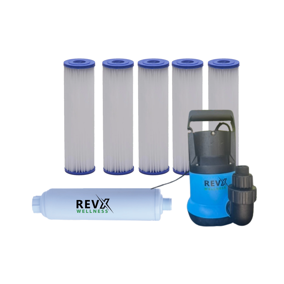RevX maintenance starter kit with five filters, hose filter and drain pump