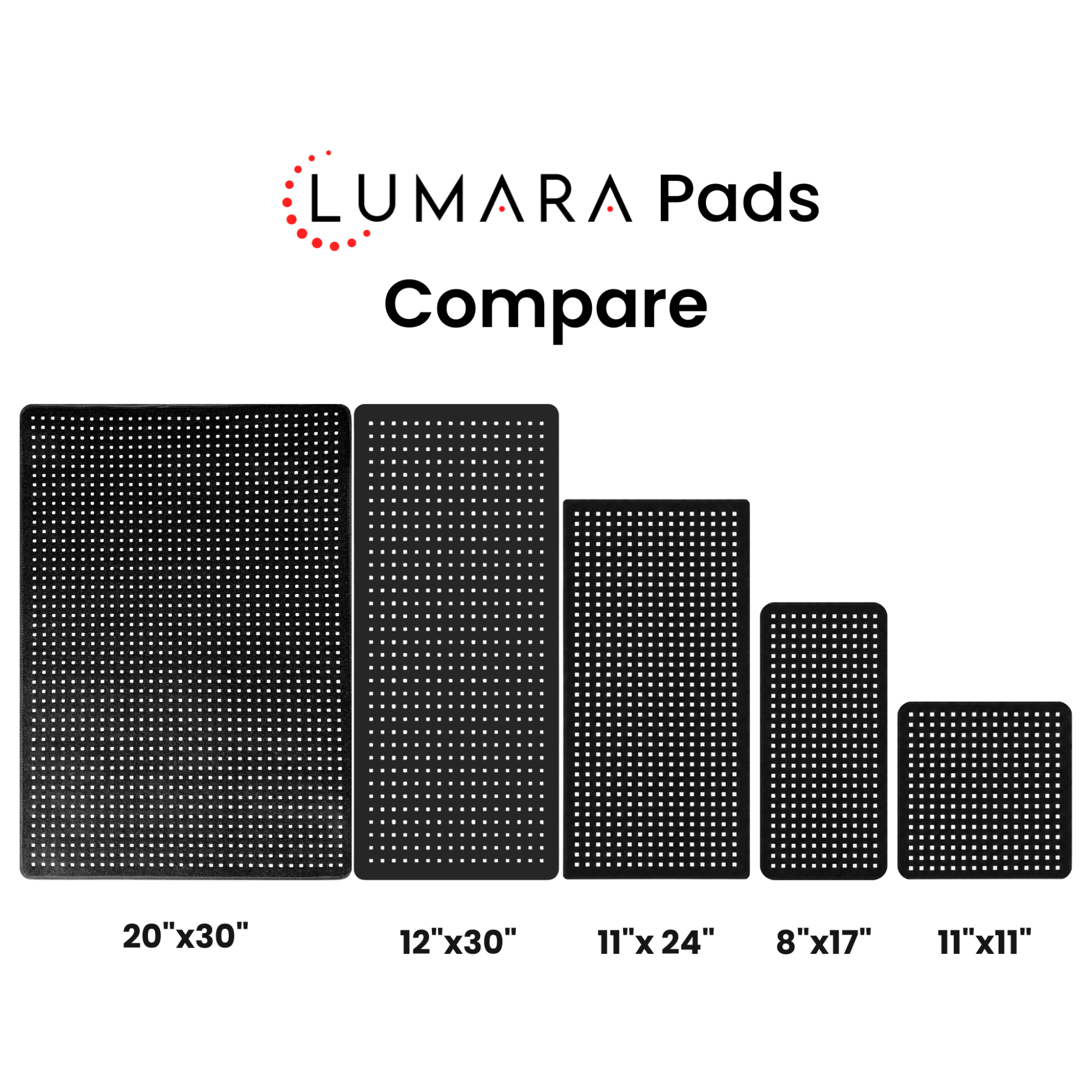 Comparison chart of Lumara pads in different sizes with the Lumara logo.