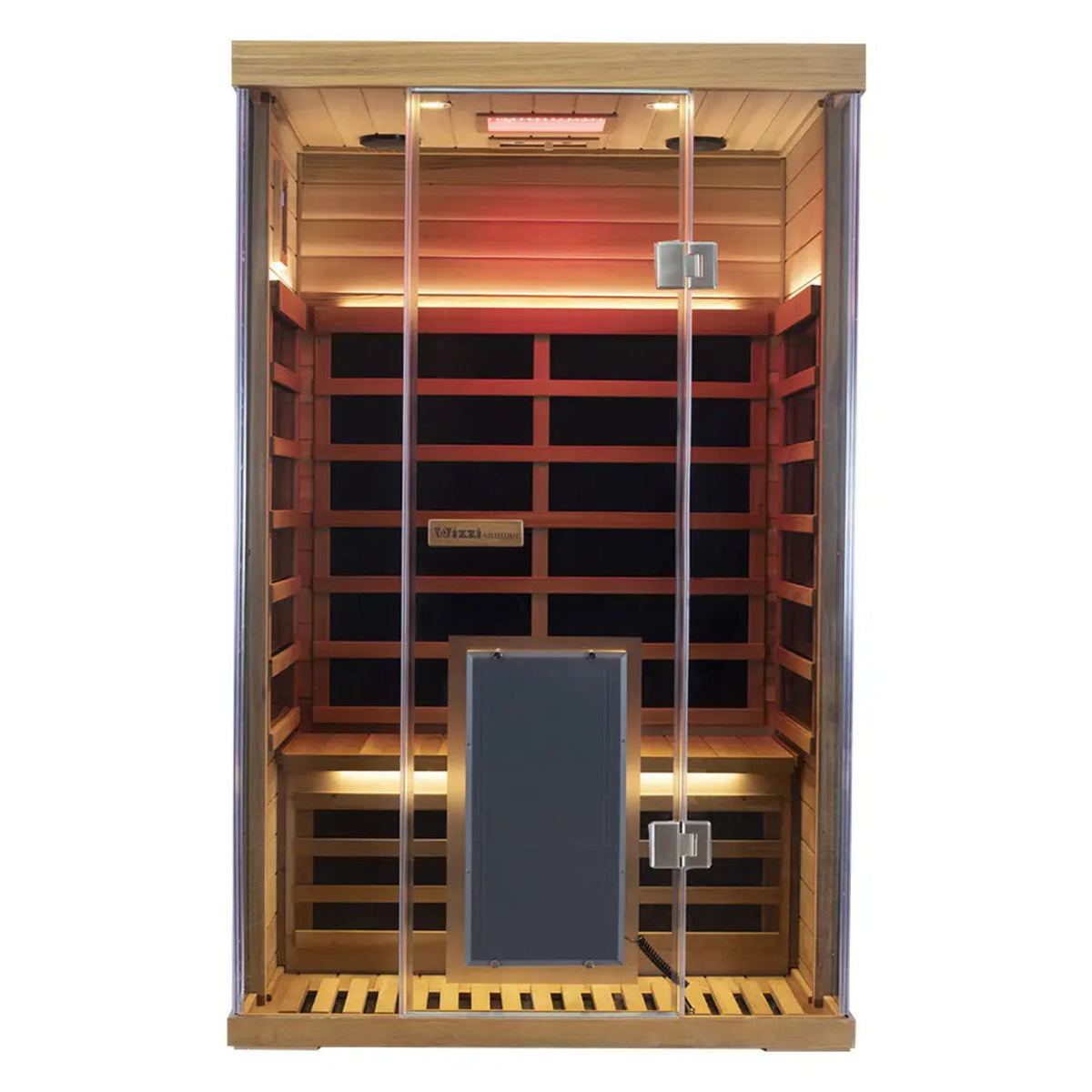 2-person infrared sauna red cedar interior view with full-spectrum lighting and wooden benches.