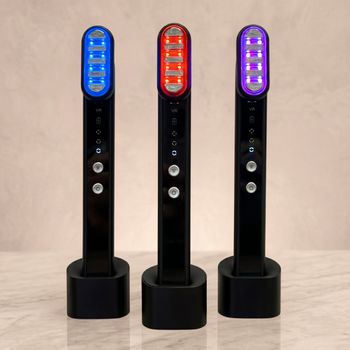 TheraSculpt™ Facial Sculpting & Red Light Therapy Device showcasing three handheld tools in different light settings.