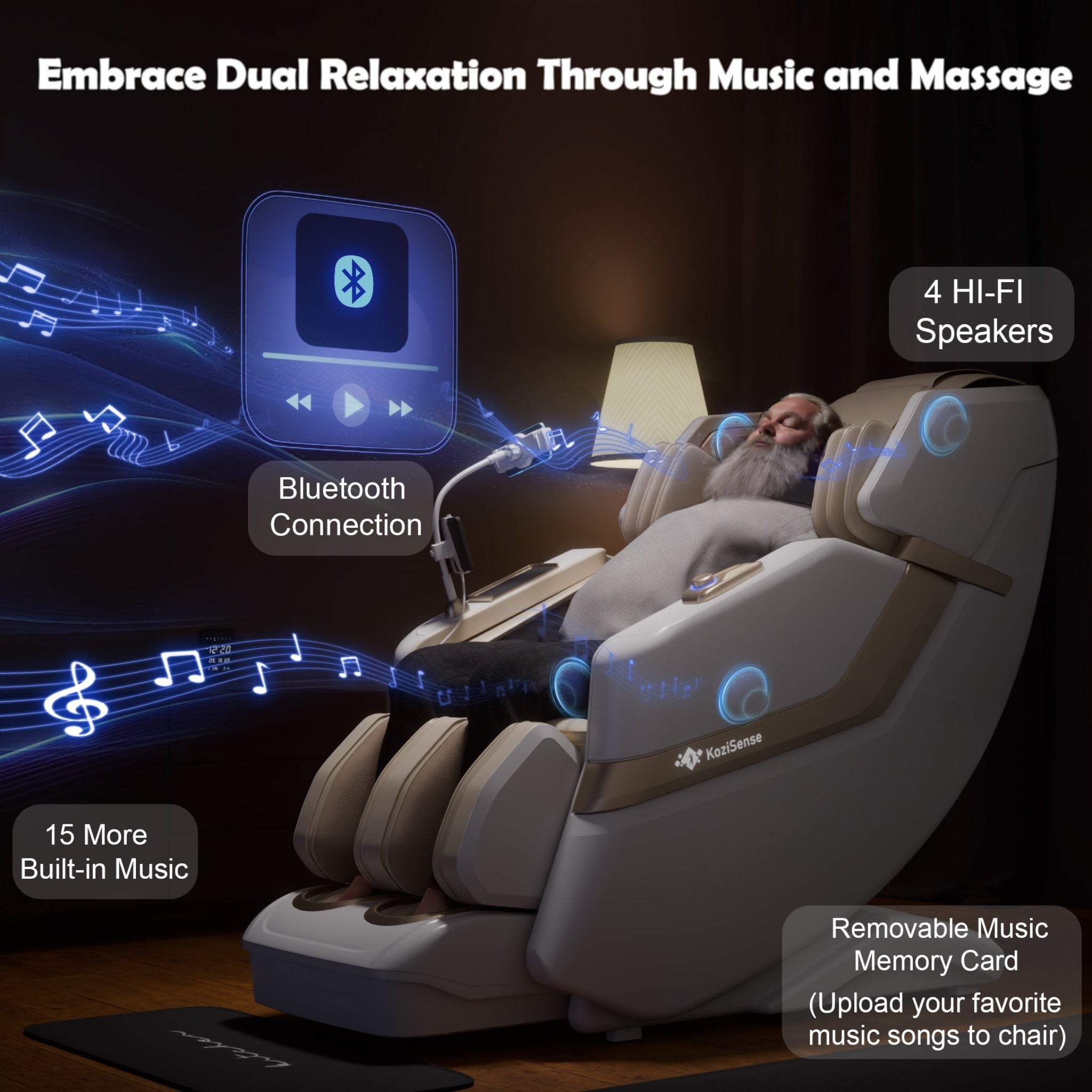 User enjoying the KoziSense KZ-313 heated jade stone massage chair with customizable programs and massage techniques.