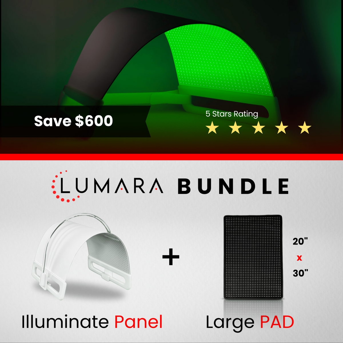 Illuminate Green bundle featuring Illuminate Panel and Large Pad with 5-star rating and $600 savings.