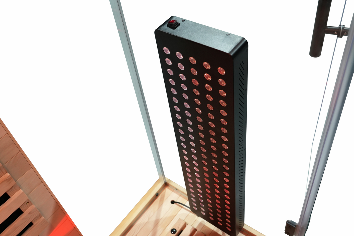 Full spectrum infrared sauna with red light therapy panel, showcasing the advanced features of Blisspod Vantaa RED sauna.