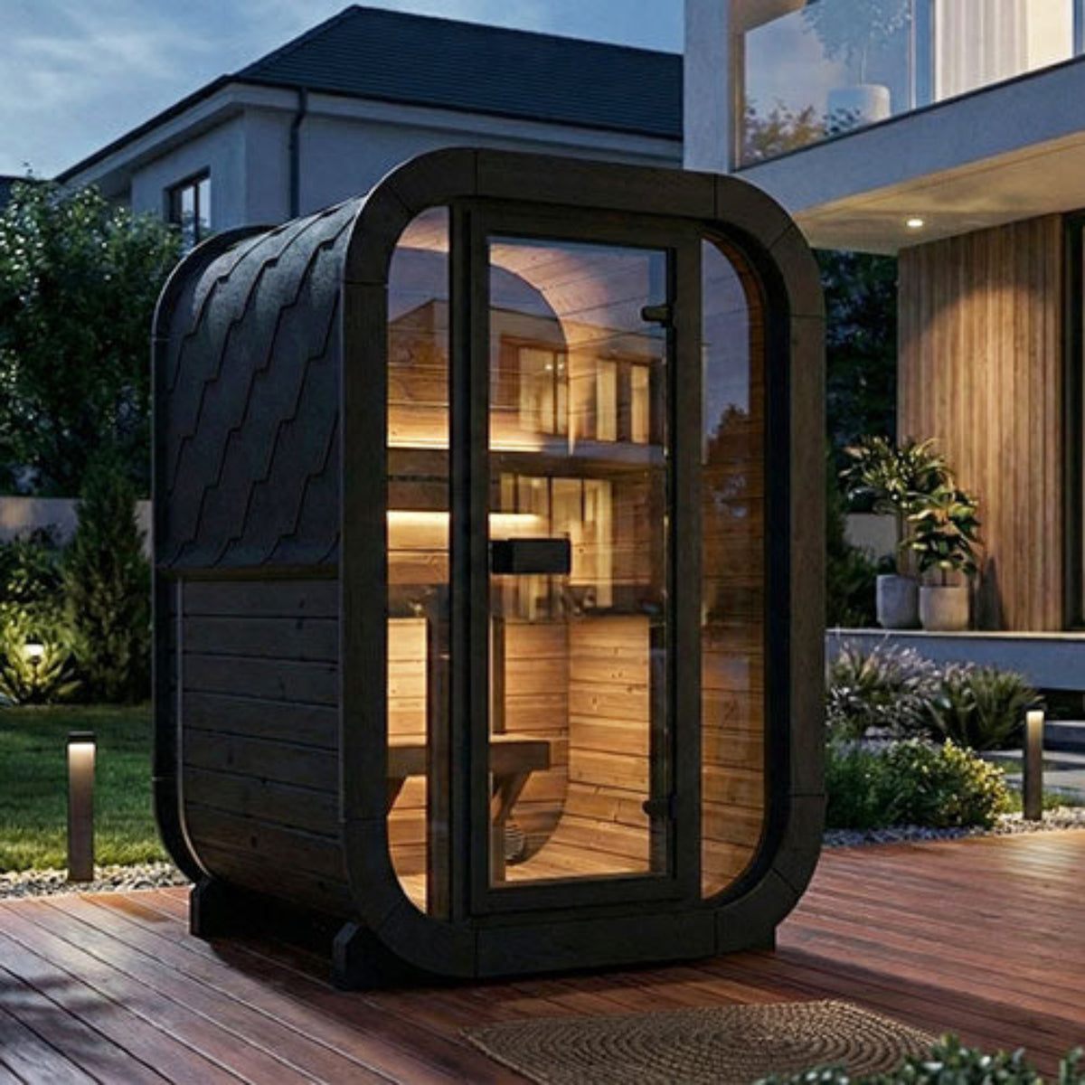 SaunaLife CUBE-Series Model CL3GB Outdoor Cube Sauna in a backyard setting