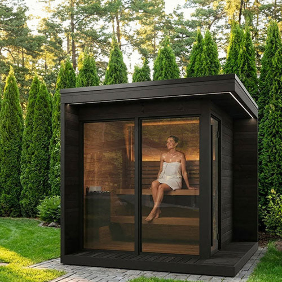SaunaLife Garden Luxury-Series GL6B in a backyard lined with trees