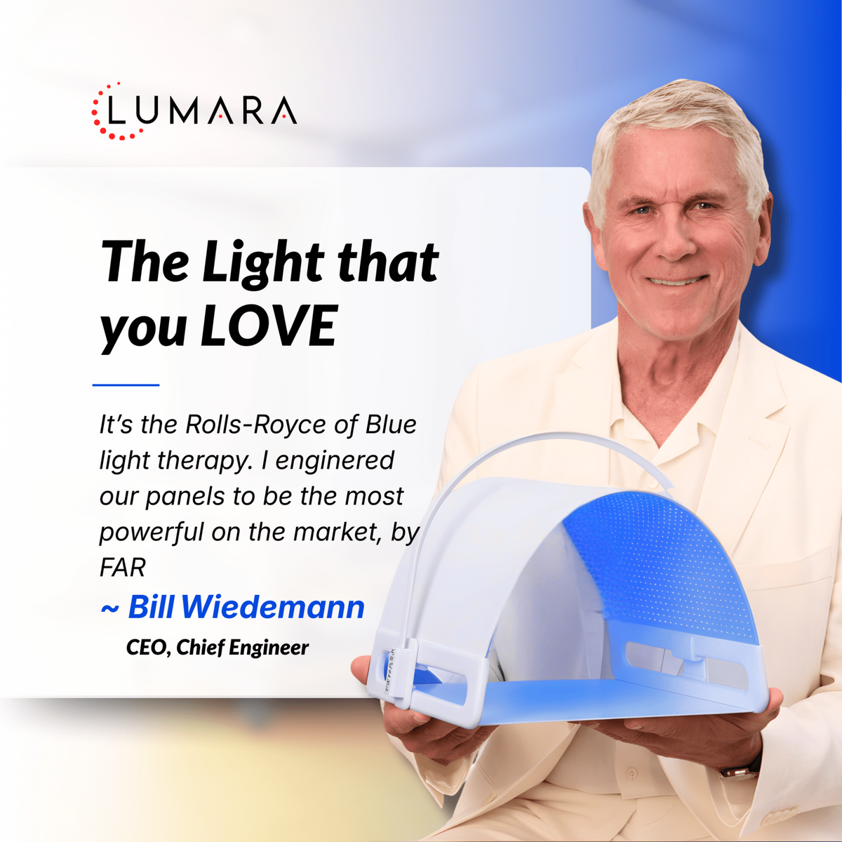 Illuminate Blue light therapy panel showcased by Bill Wiedemann, CEO and Chief Engineer of Lumara.