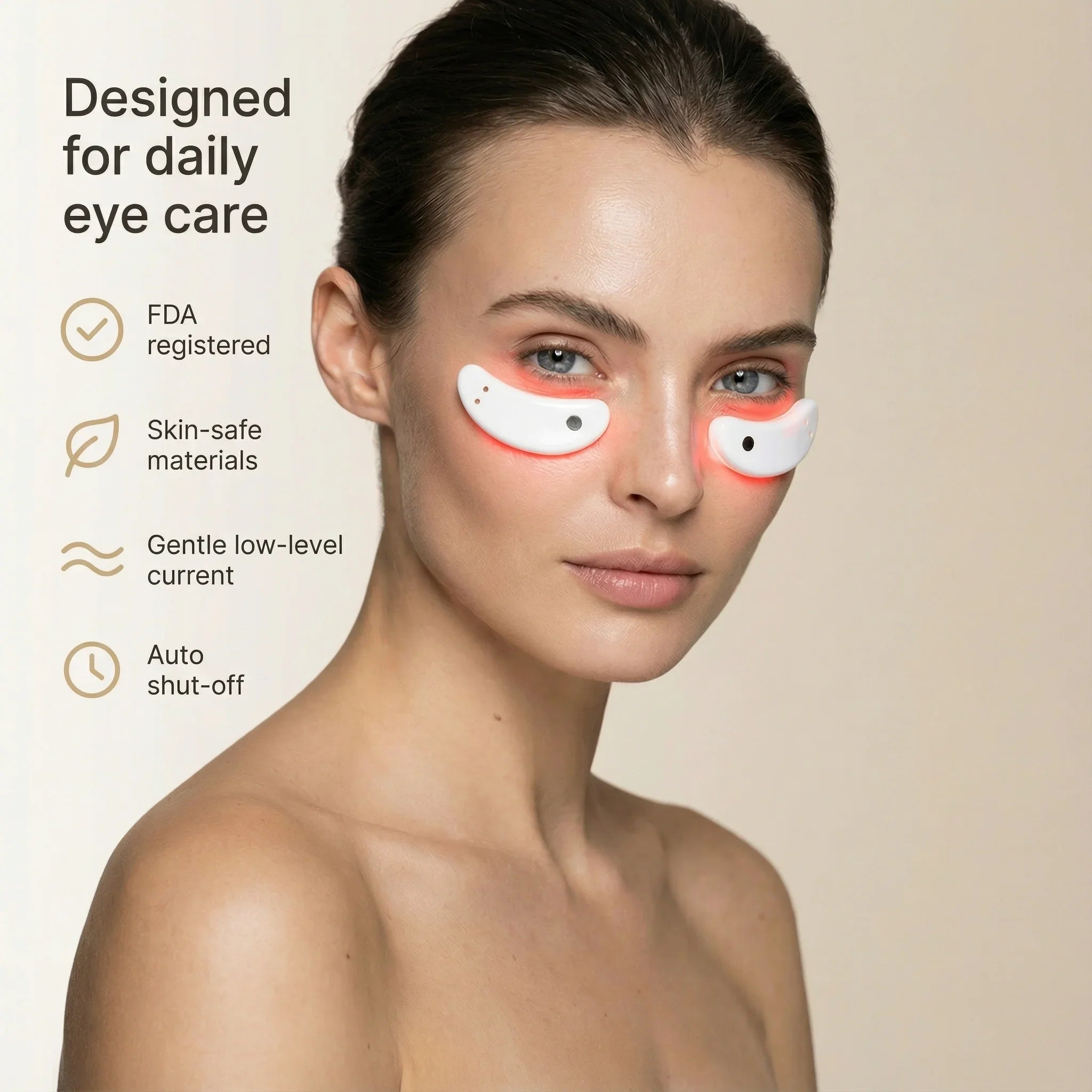 Woman wearing eye care devices with text on daily eye care benefits on a beige background