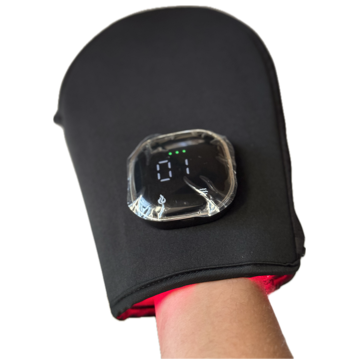 TheraGlove Red Light Therapy Glove showing device with digital display and red light on wrist.