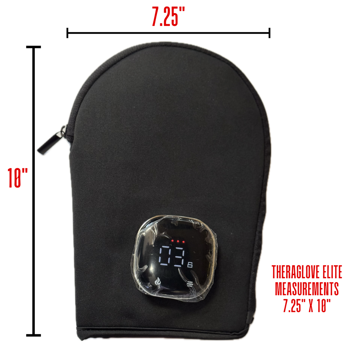 TheraGlove Red Light Therapy Glove with display screen, dimensions 7.25" x 10".