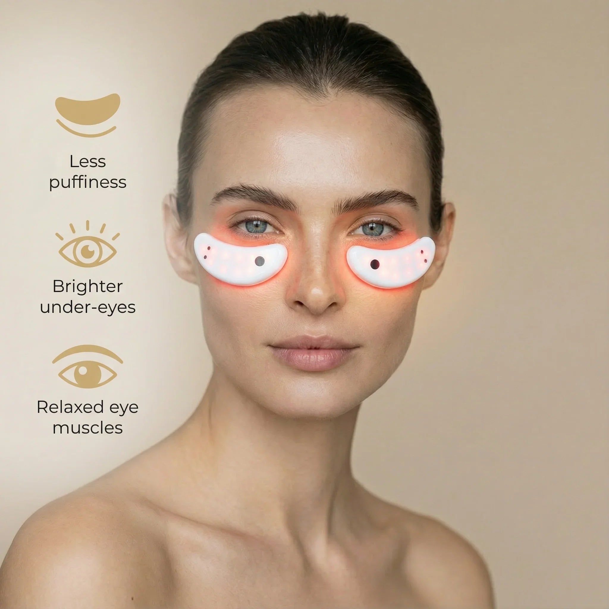 Woman wearing eye masks with text indicating benefits on a beige background