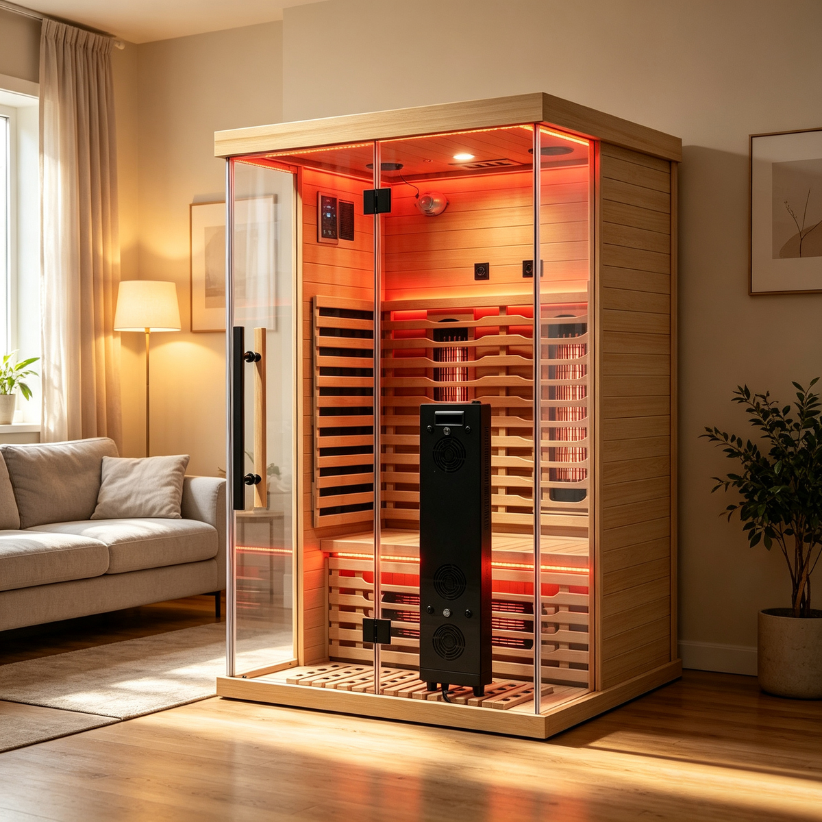 Full spectrum infrared sauna with red light therapy in a modern living room setting.