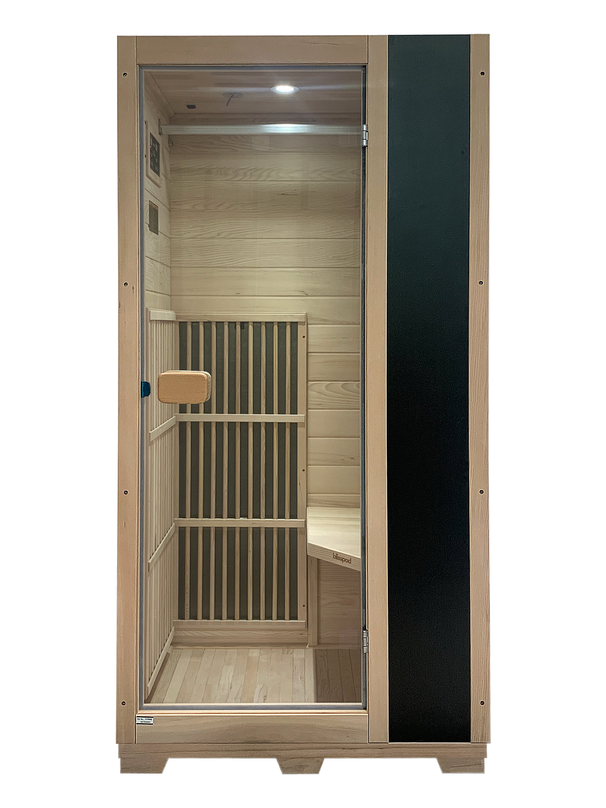Blisspod Vienna 1-Person Far Infrared Sauna in Canadian Hemlock wood with very low EMF and elegant design.