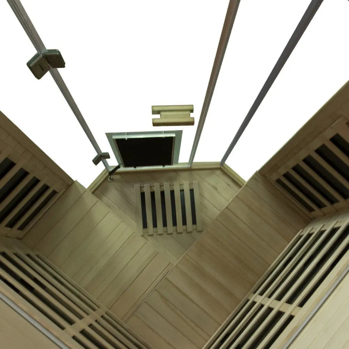 Interior view of a corner infrared sauna for 2-3 people, showcasing the wood paneling and heater placement.