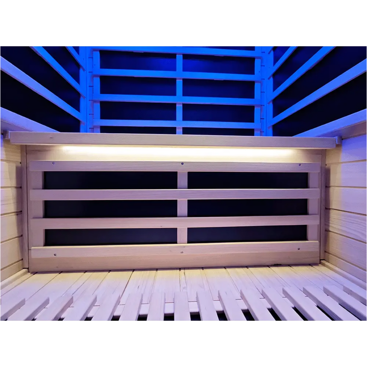 Interior view of a 2-person infrared sauna hemlock showcasing wooden benches and ambient lighting.