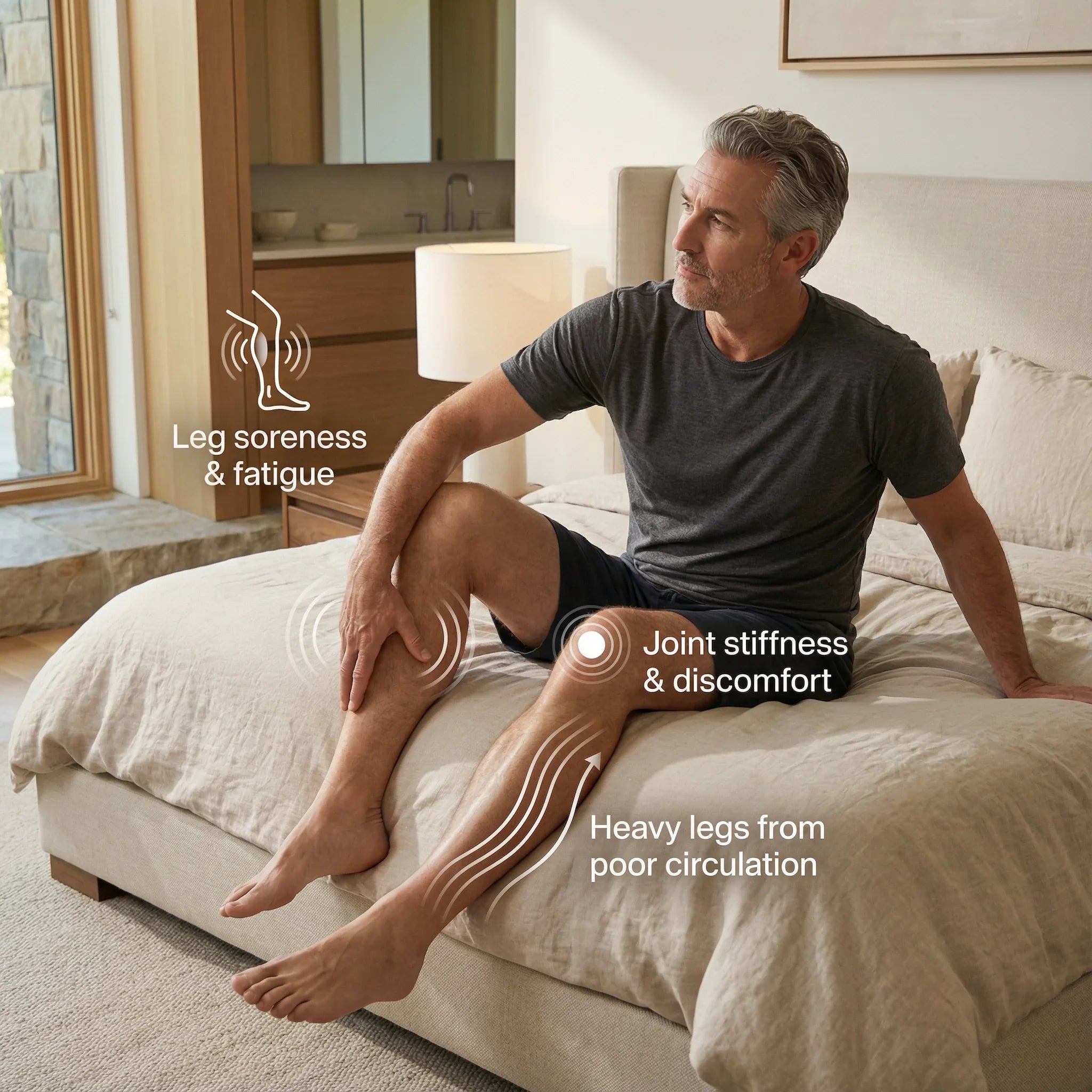 Man sitting on a bed with text indicating leg soreness, joint stiffness, and heavy legs from poor circulation.