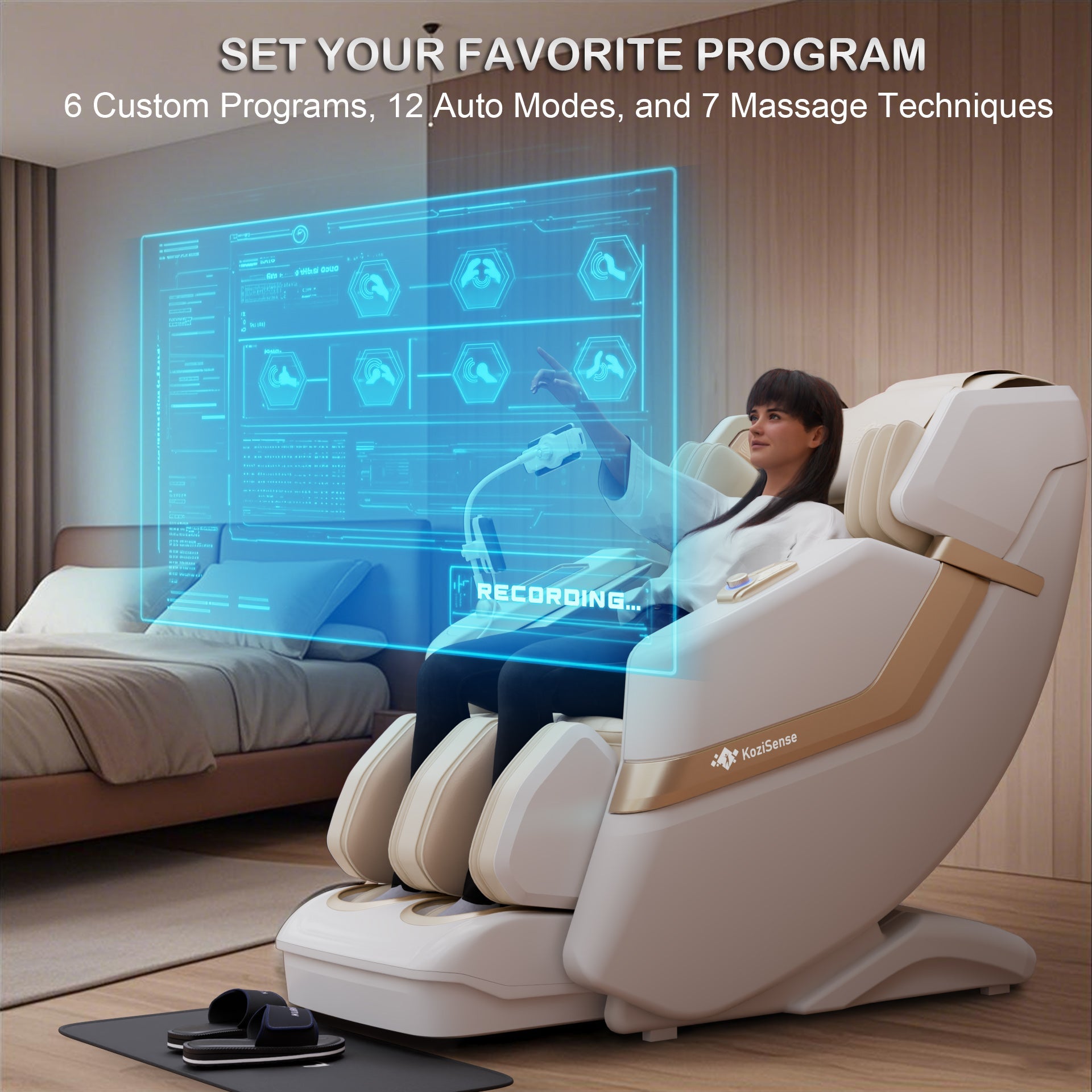 User enjoying the KoziSense KZ-313 heated jade stone massage chair with customizable programs and massage techniques.