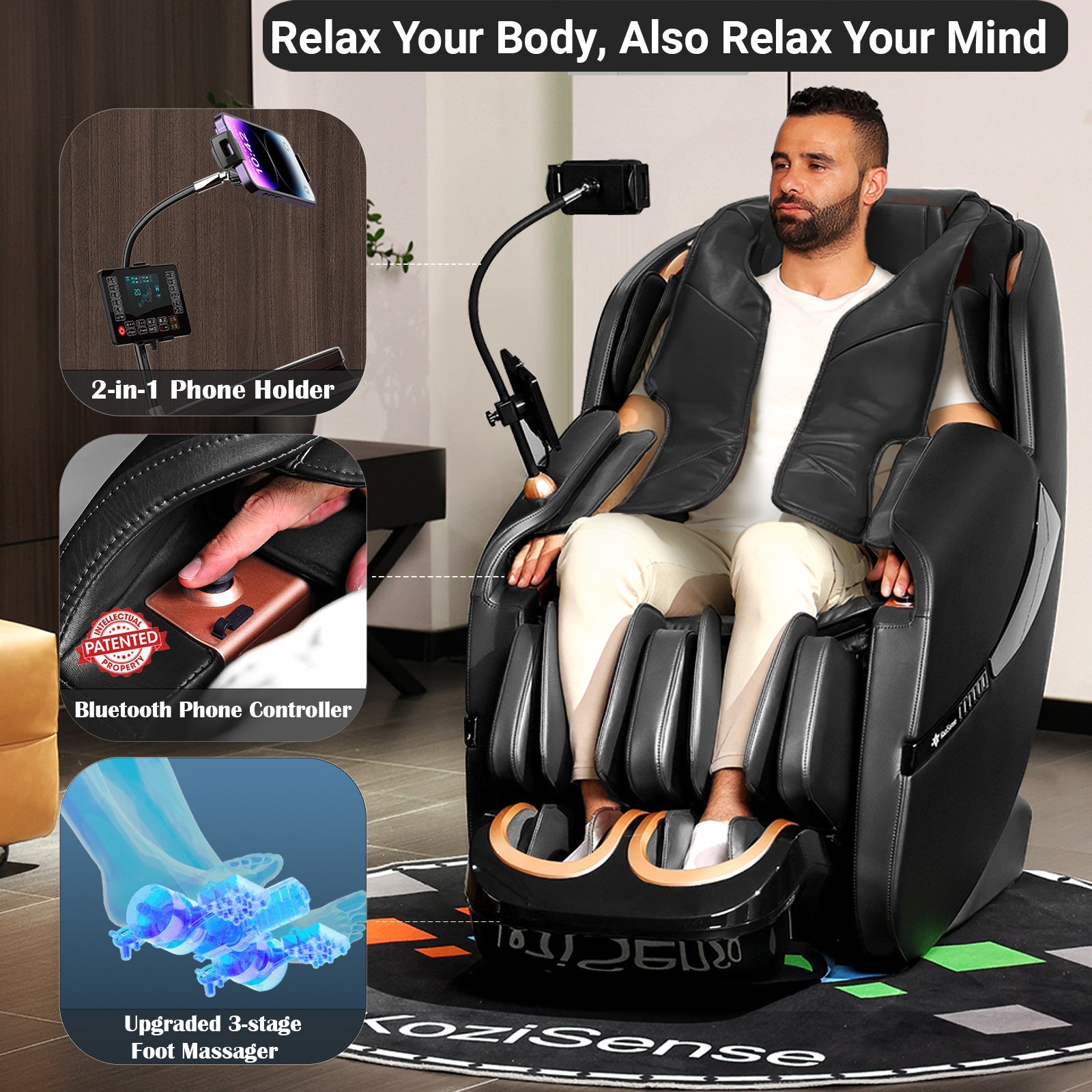 KoziSense A18 3D SL-Track Massage Chair featuring 2-in-1 phone holder and Bluetooth controller.