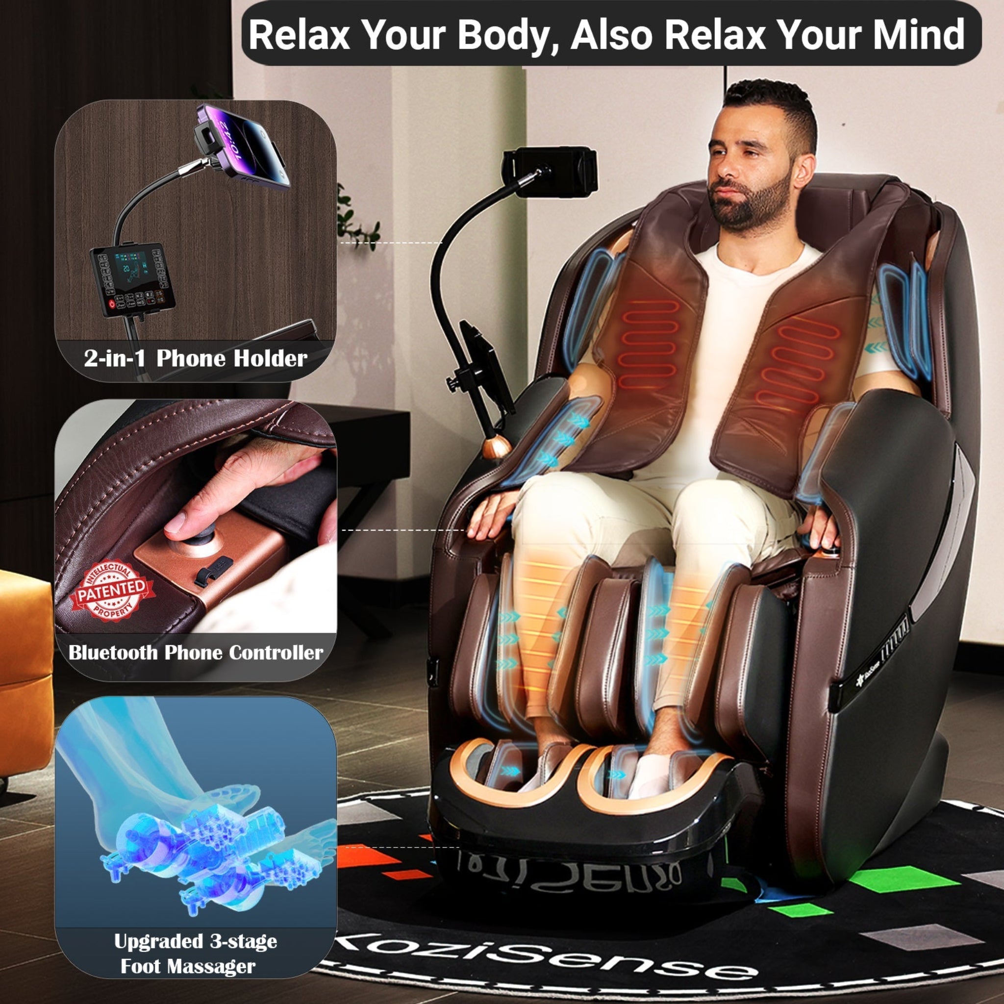 "KoziSense A18 3D SL-Track massage chair in [color] with automatic body detection, AI voice control, and Bluetooth audio."