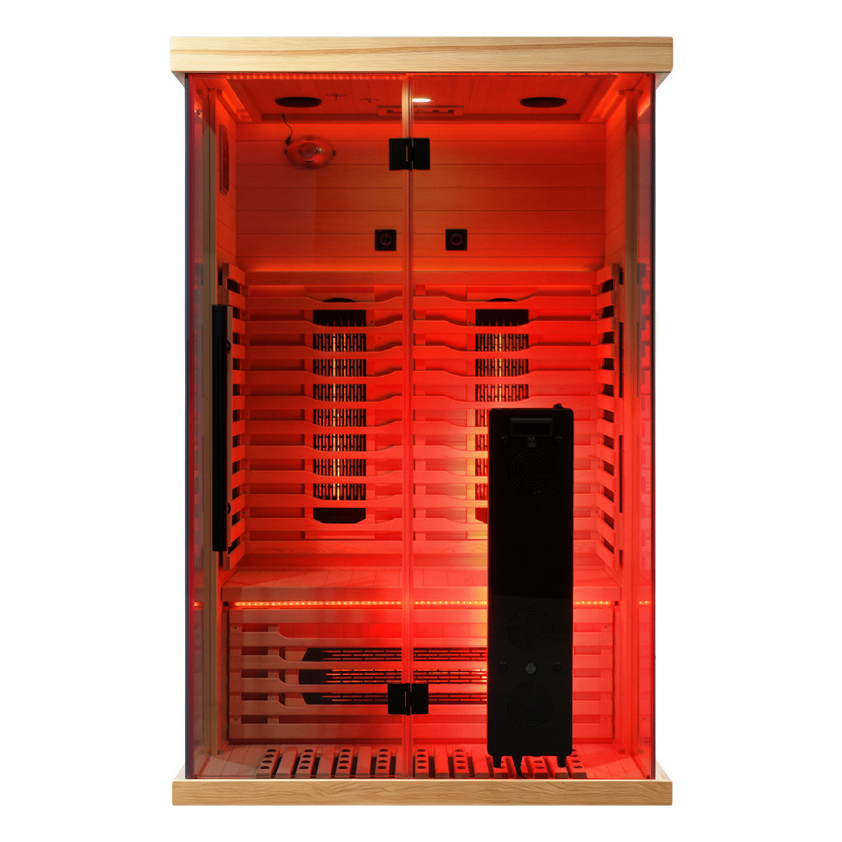 Full spectrum infrared sauna with red light therapy features a sleek design and interior showcasing heating elements.