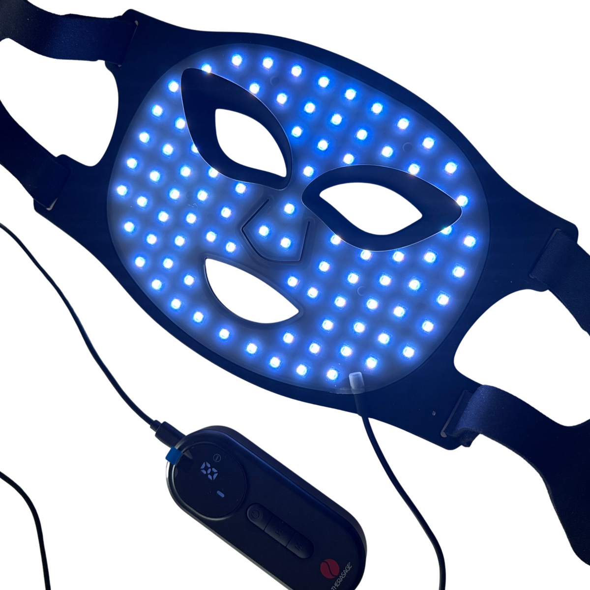 TheraGlow Mask2Go™ Red Light Therapy LED Face Mask with blue LED lights and remote control.