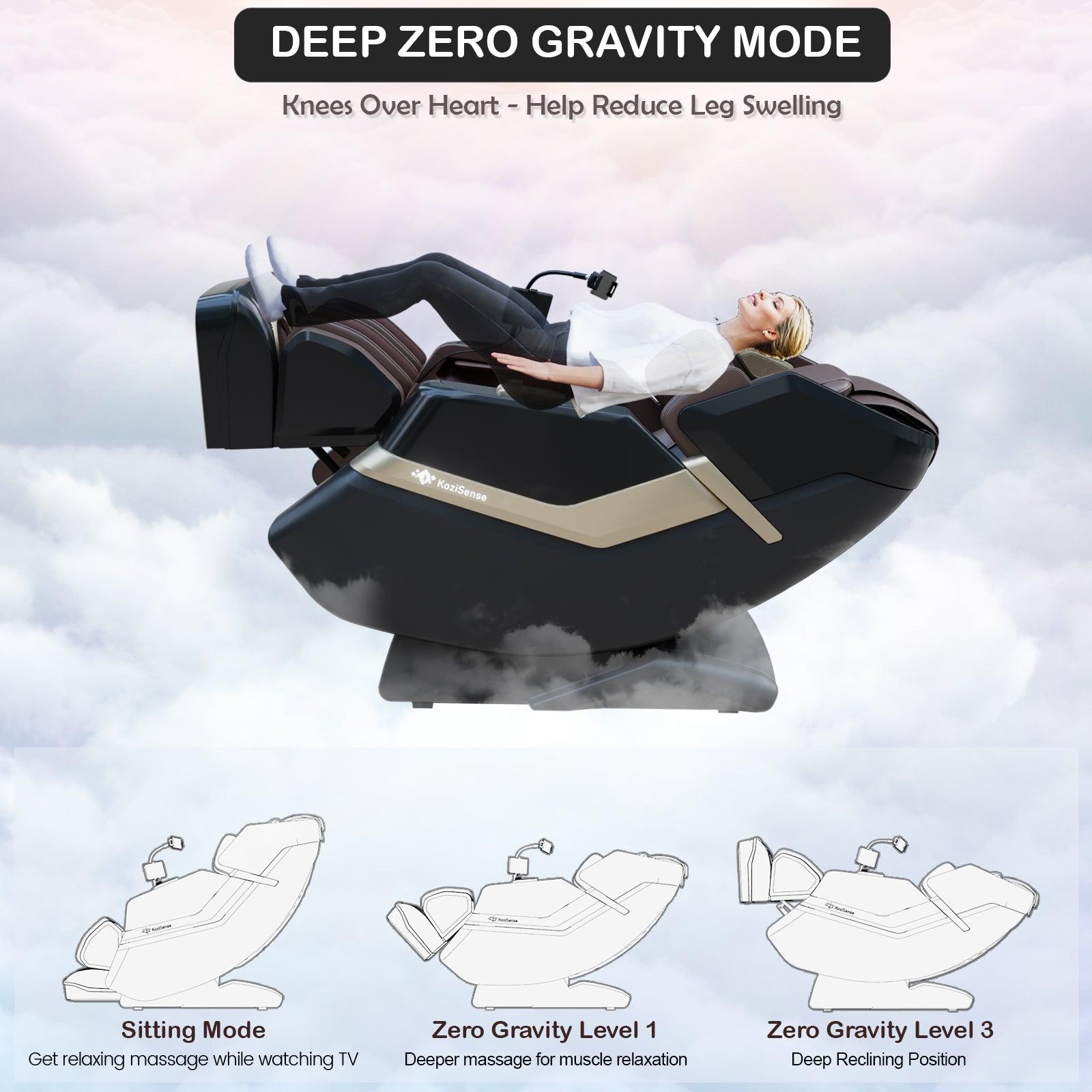 Deep zero gravity massage chair in various positions for relaxation and leg swelling reduction.