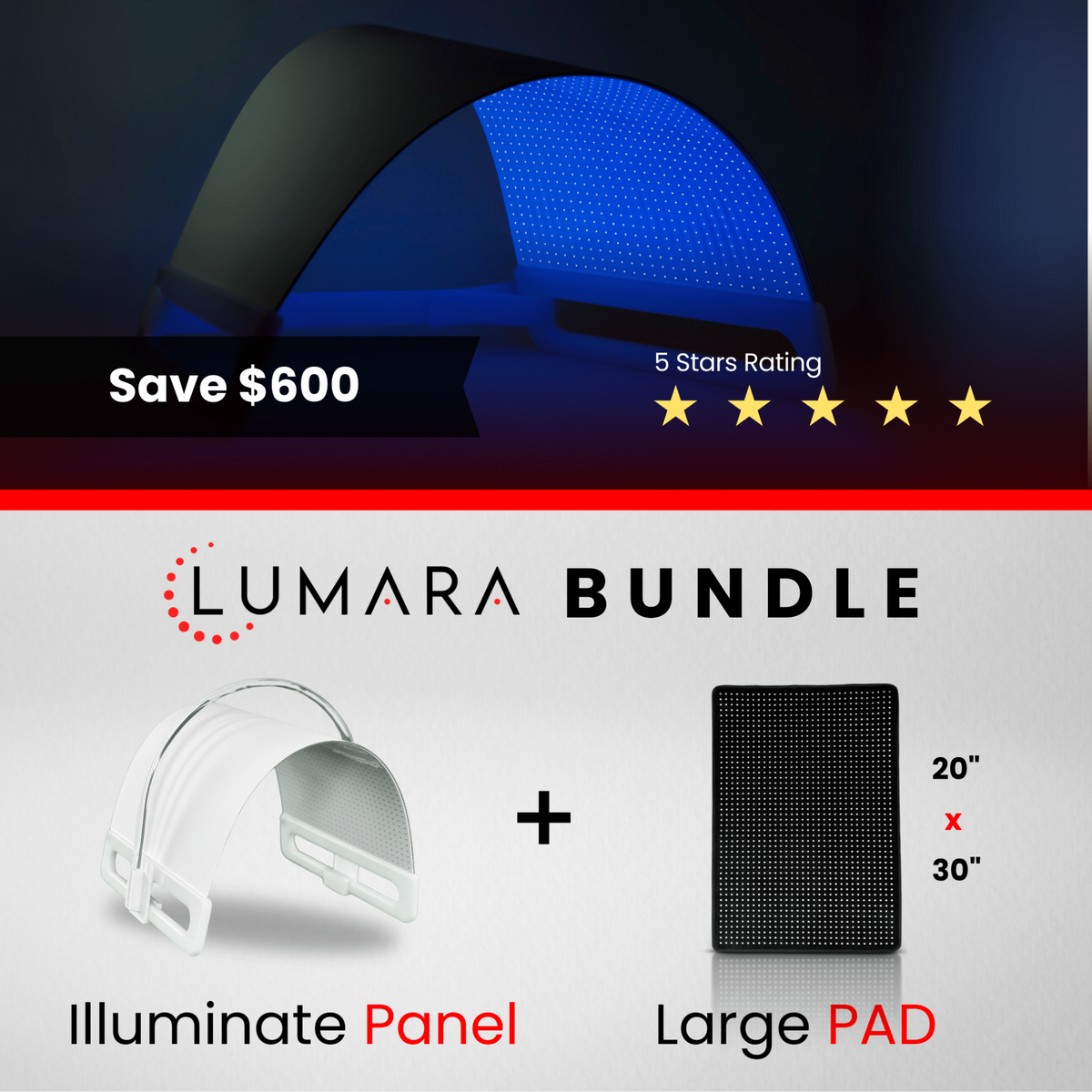 Illuminate Blue LED panel and large pad bundle, water-resistant design, 5 minutes to cell replenishment.
