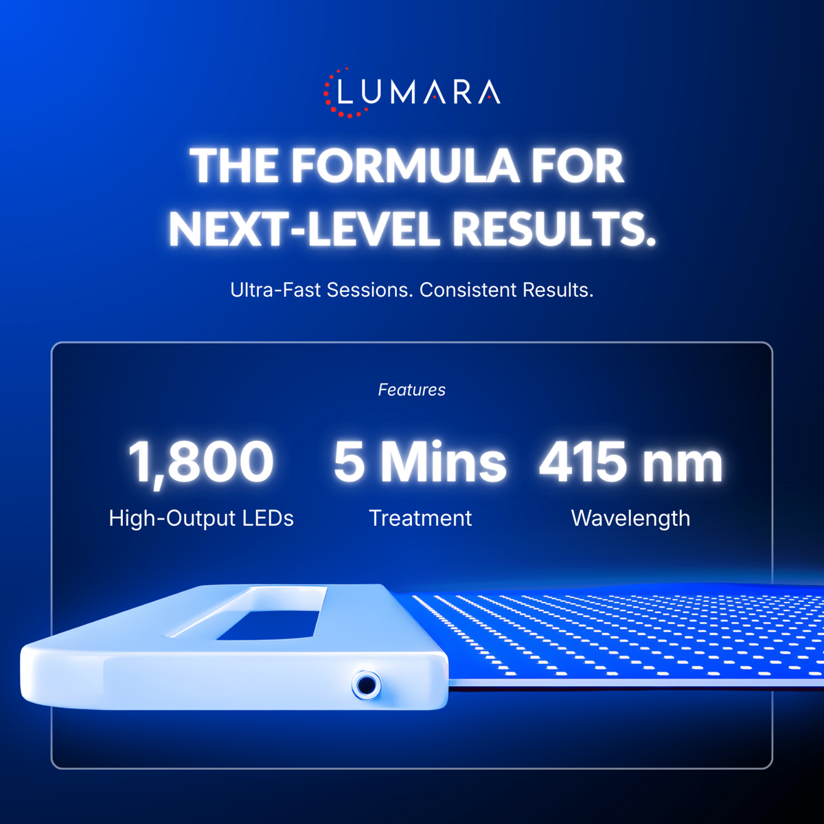 Illuminate Blue LED device featuring 1800 high-output LEDs, 415 nm wavelength, and 5-minute treatment.