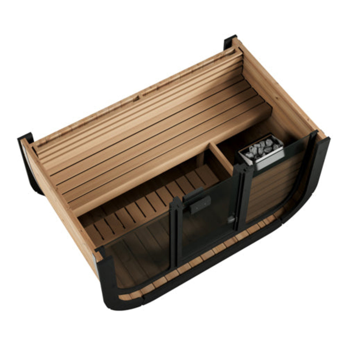 SaunaLife CUBE-Series Model CL4GB Outdoor Cube Sauna interior view of bench and heater