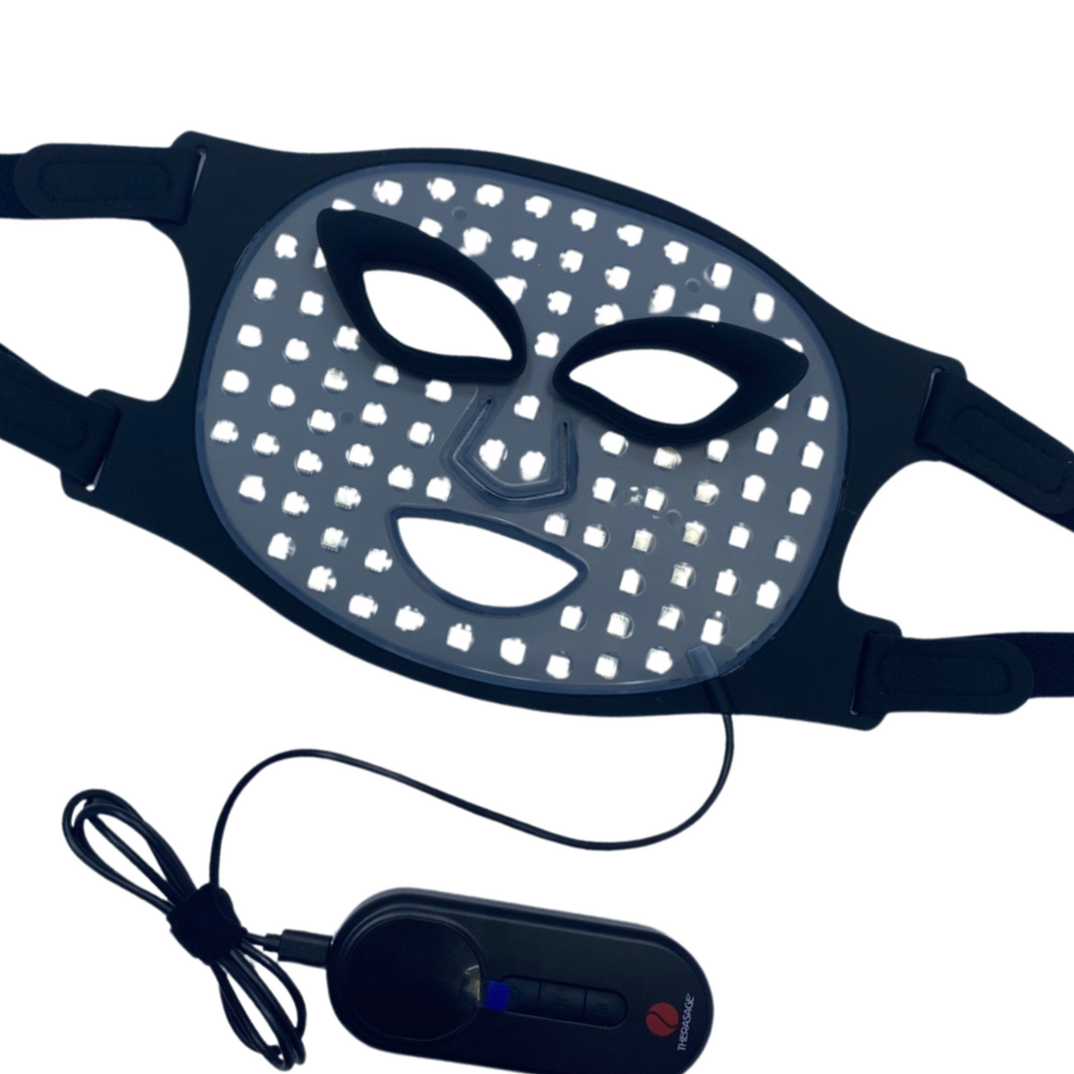 TheraGlow Mask2Go™ Red Light Therapy LED Face Mask with adjustable straps and control device.