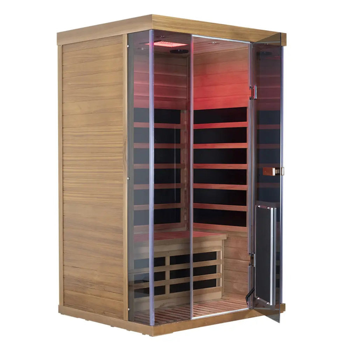 2-person infrared sauna red cedar from Wizzisaunas SR02 with glass doors and full-spectrum heating features.
