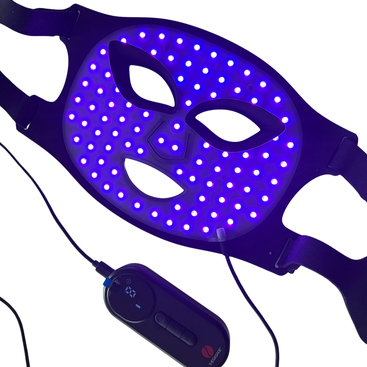 TheraGlow Mask2Go™ Red Light Therapy LED Face Mask with blue LED lights and remote control.