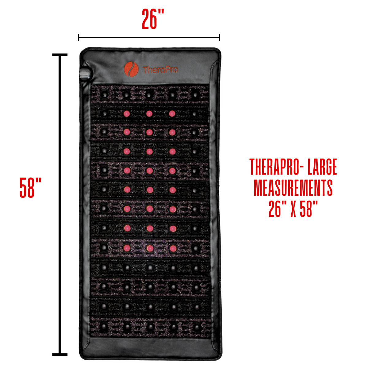 TheraPro Red Light Therapy Pad featuring dimensions 26" x 58" for effective multi-modality therapy.
