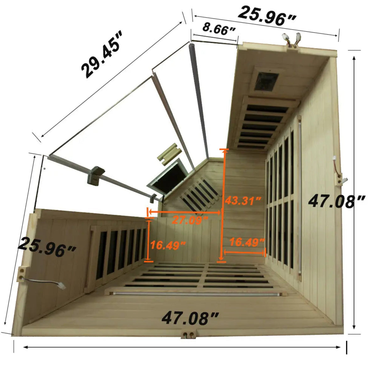 corner infrared sauna for 2-3 people dimensions and layout including measurements and design details