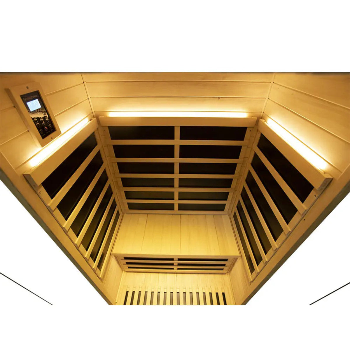 Interior view of the 2-person infrared sauna hemlock from Wizzisaunas showing lighting and panel.