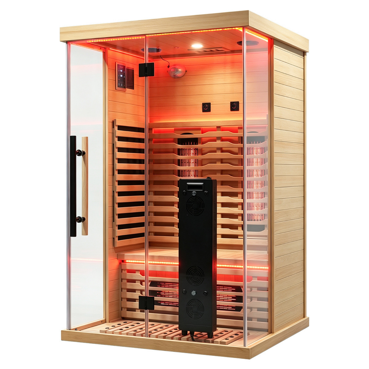 Full-spectrum infrared sauna with red light therapy features and glass door design from Blisspod Vantaa RED.