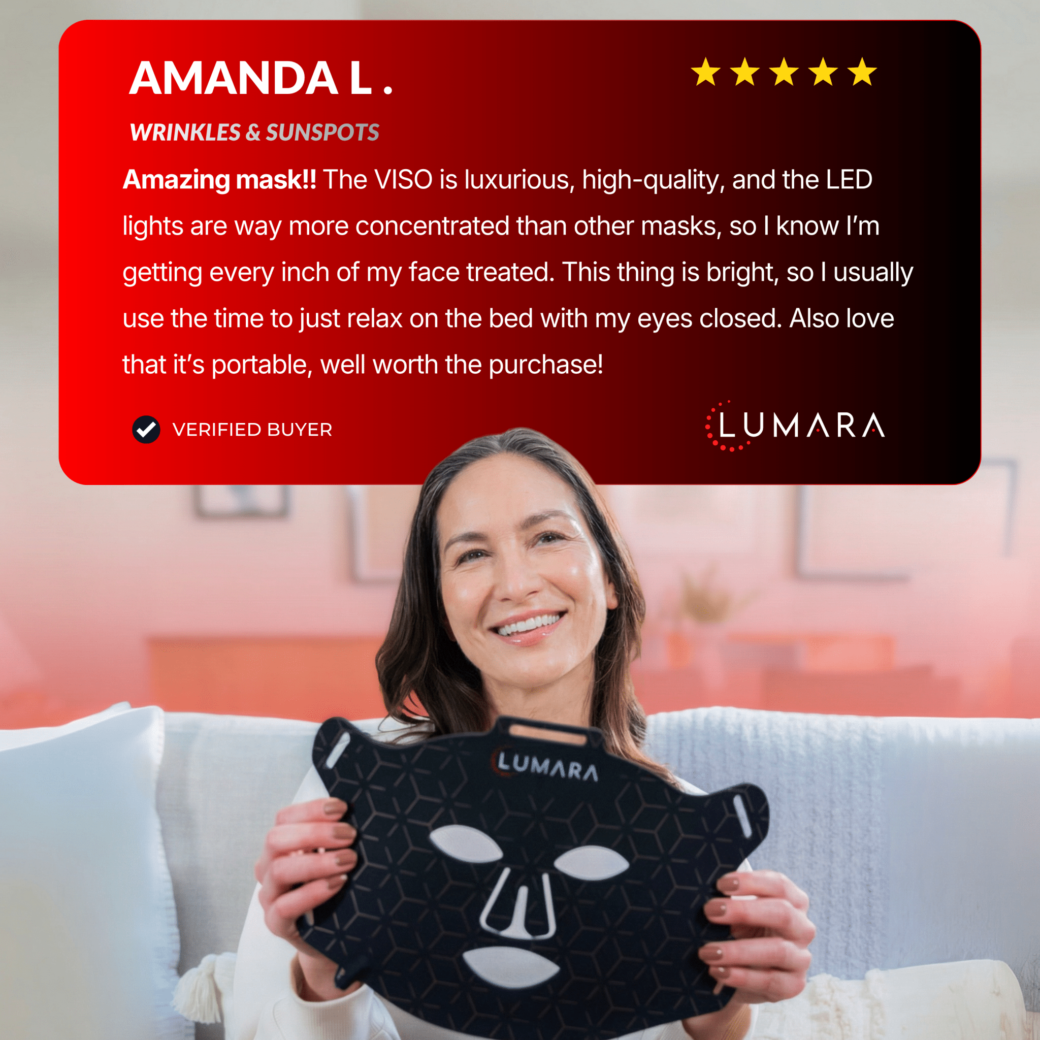 a woman holding the Limara face mask with a review block above her head.