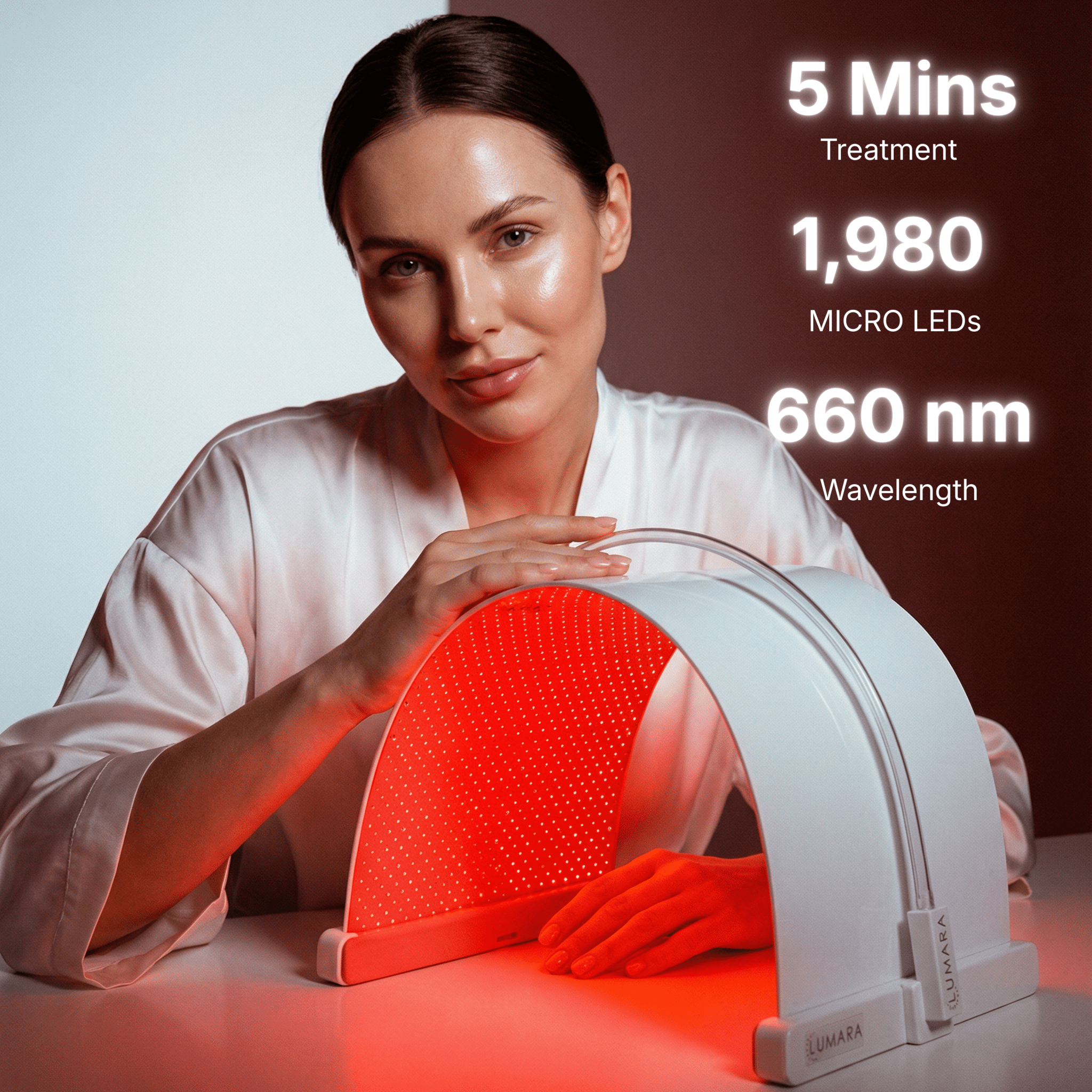 Woman holding a red light therapy device with text about treatment duration and LED details.