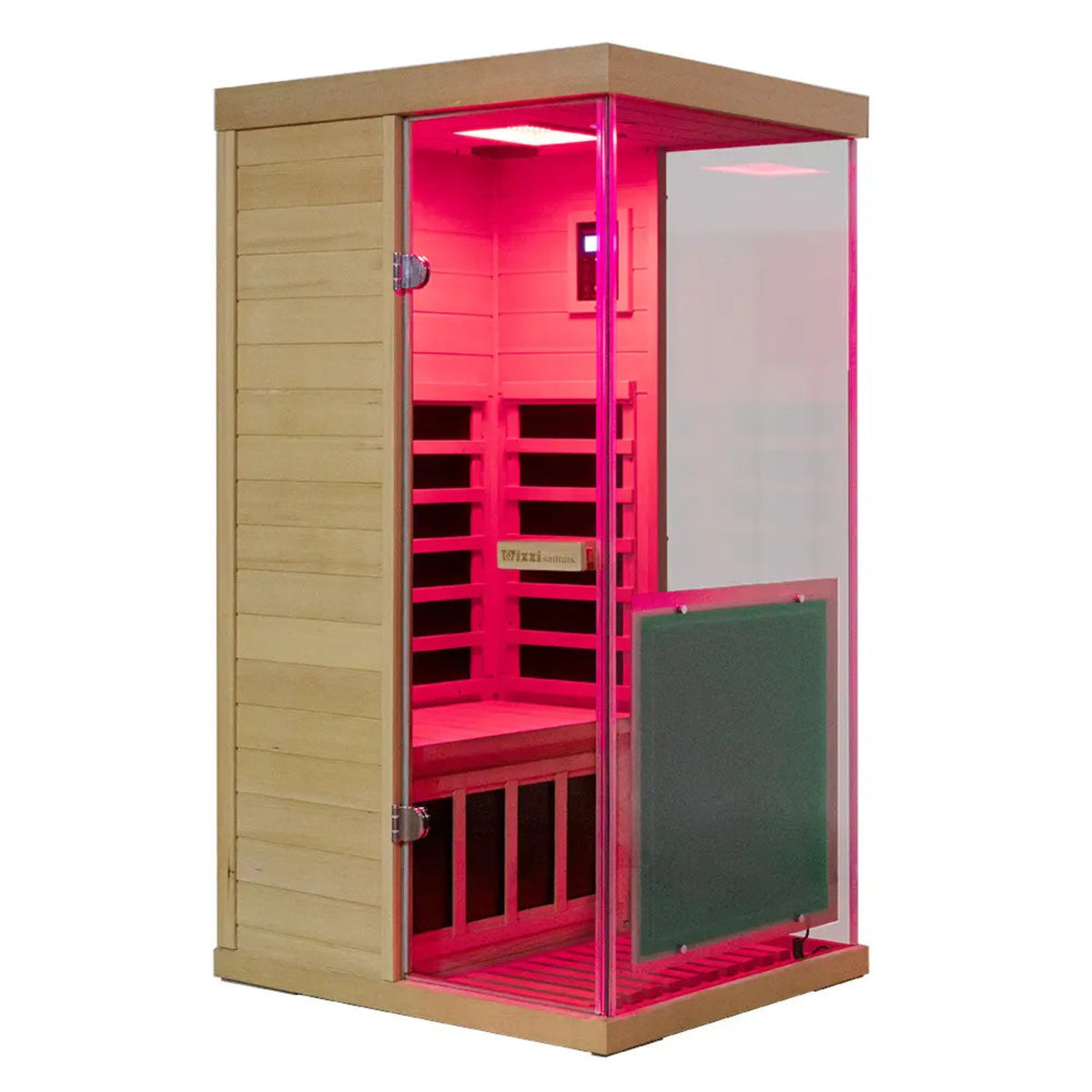 Wizzisaunas 909MX mini infrared sauna red lights glowing with glass door