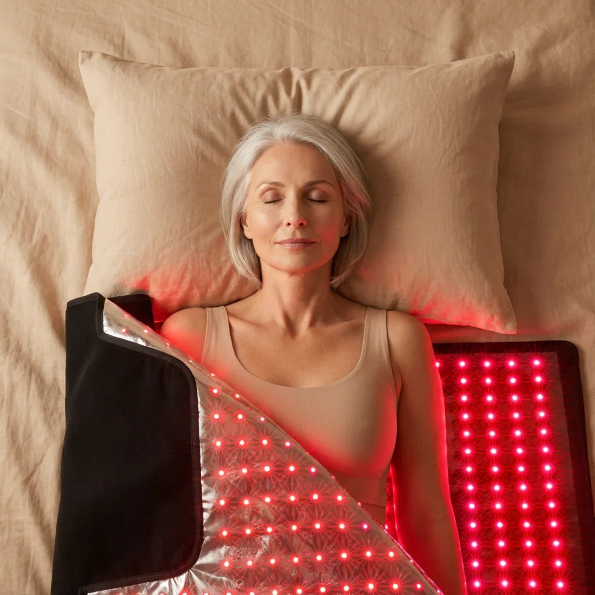 Woman lying on a LED therapy mat with red light in a bedroom setting