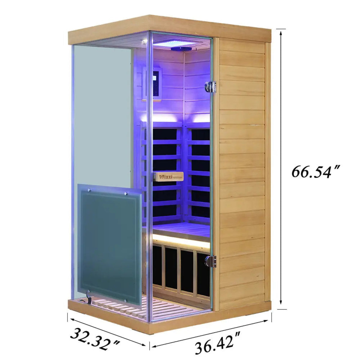 Wizzisaunas 909MX mini infrared sauna showing dimensions