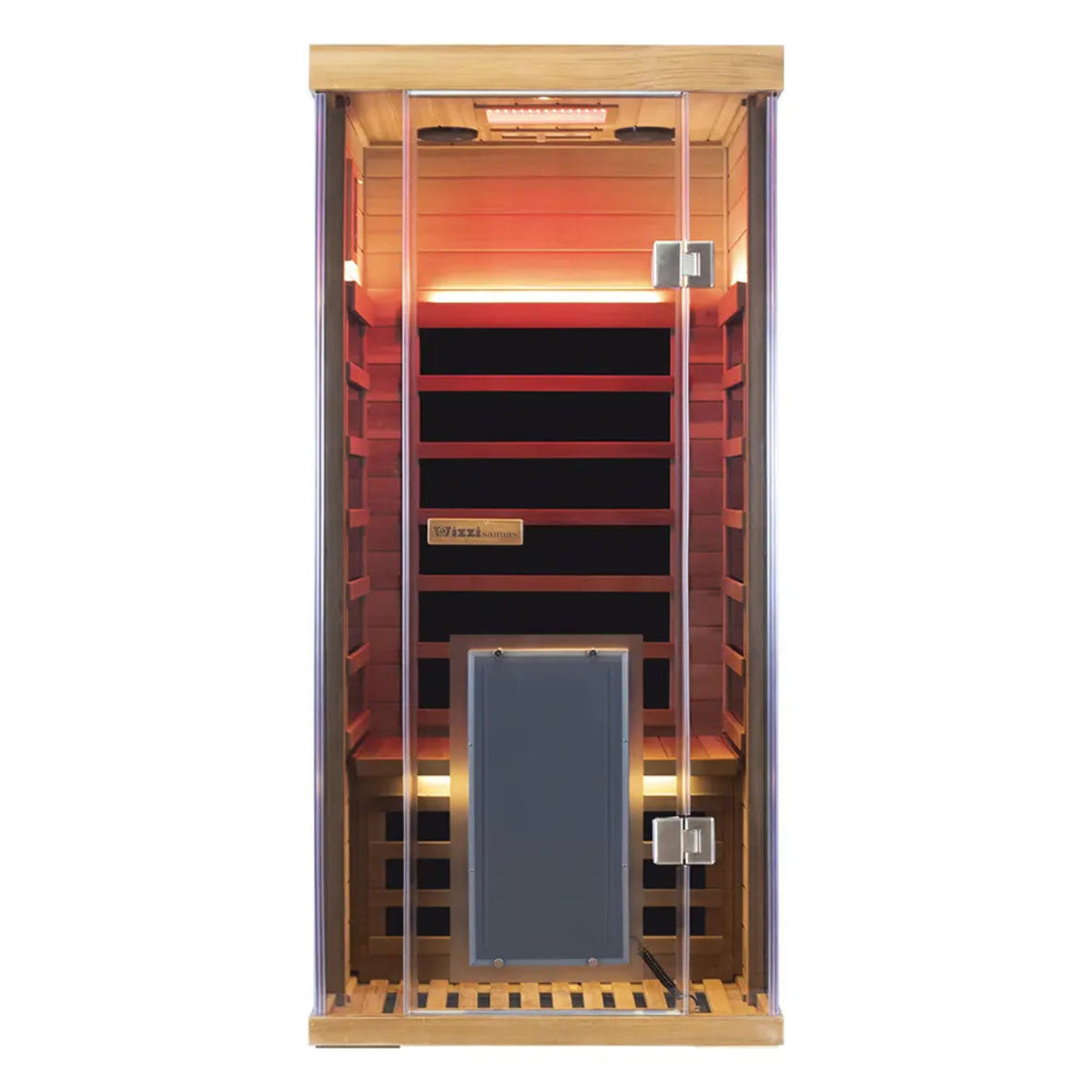 Wizzisaunas SR01 1-person infrared sauna red cedar front view with glass door and interior lighting.