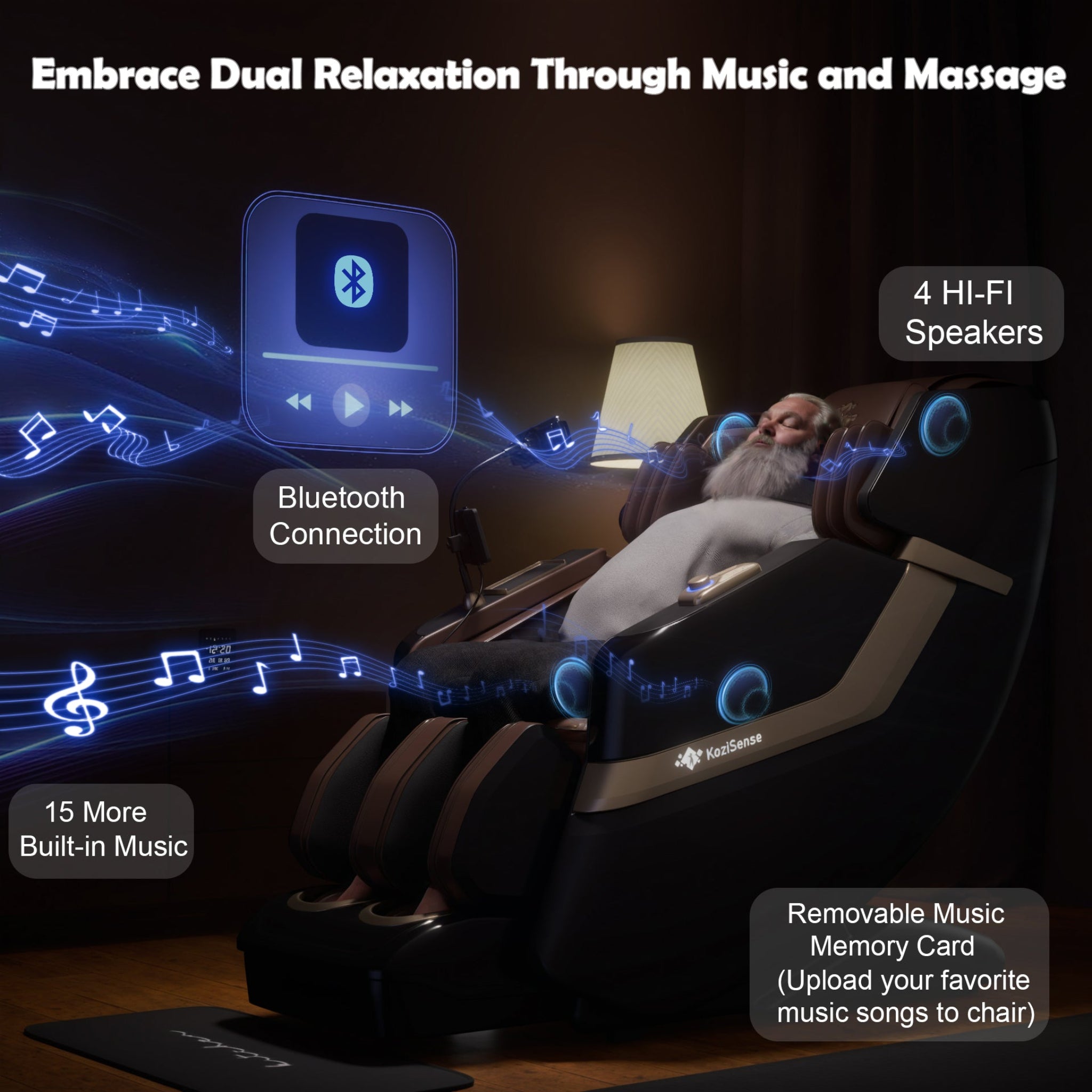 KoziSense KZ-313 Heated Jade Stone Massage Chair in brown color with man relaxing.