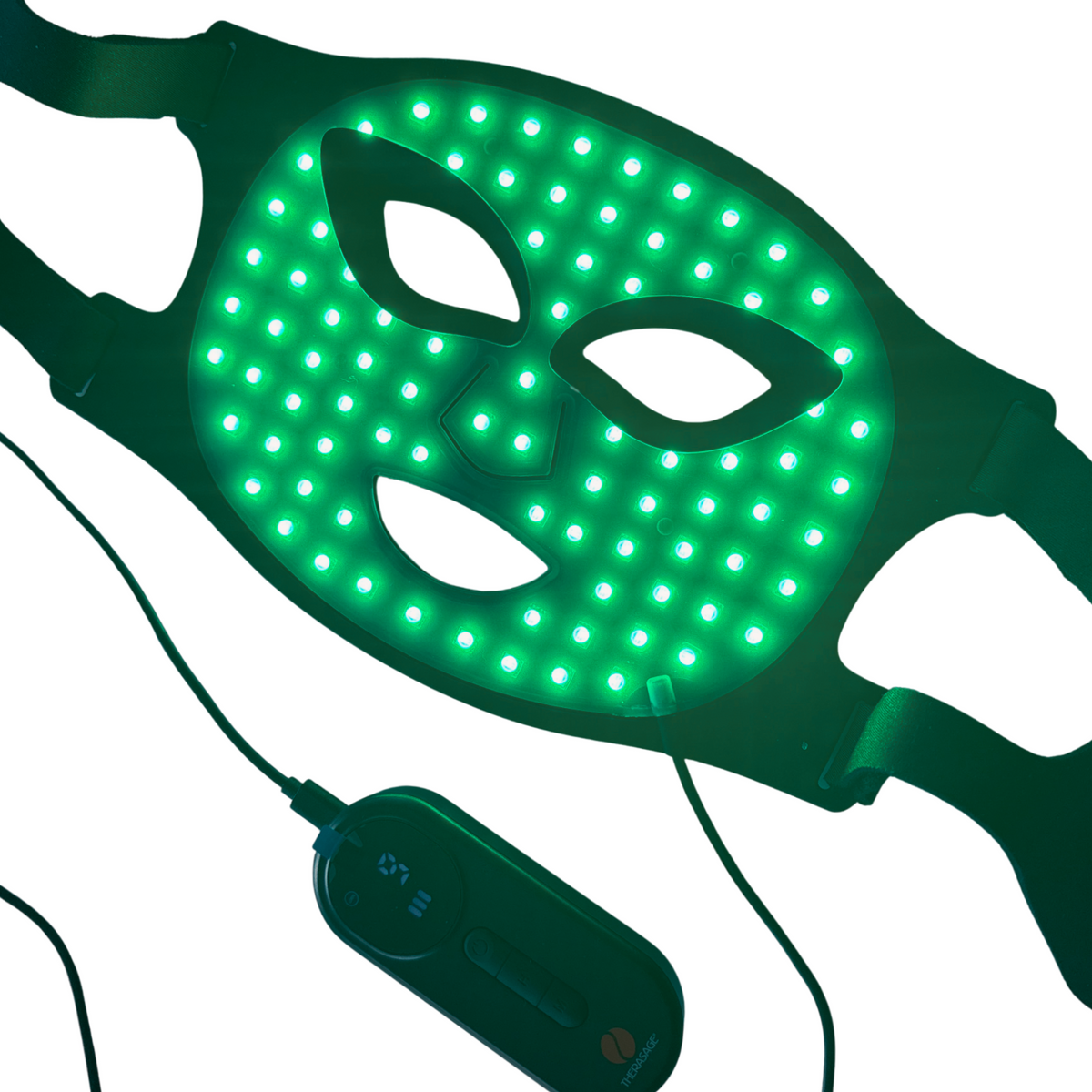 TheraGlow Mask2Go™ Red Light Therapy LED Face Mask showcasing its green LED lights and control unit.