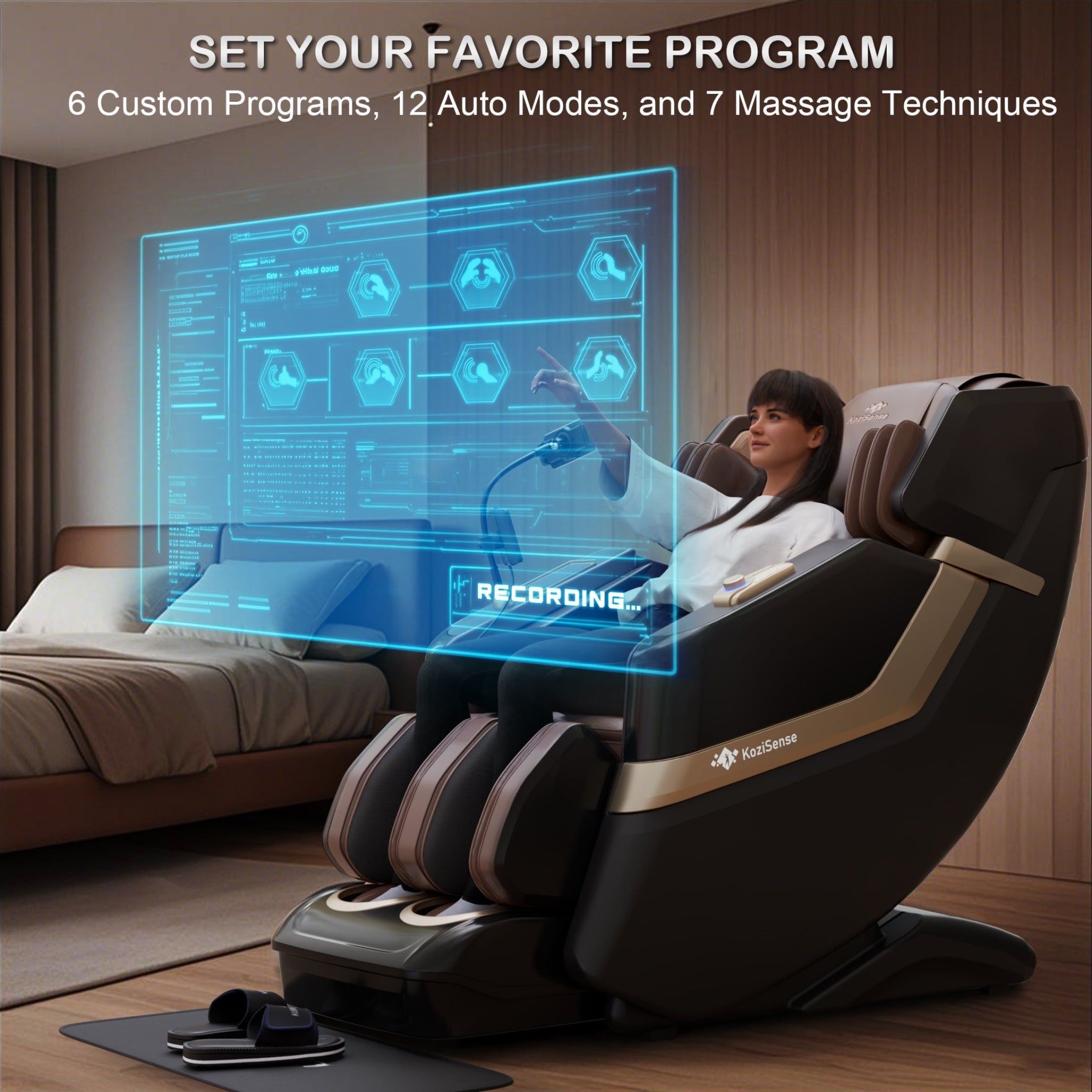 KoziSense KZ-313 Heated Jade Stone Massage Chair in brown color with man relaxing.