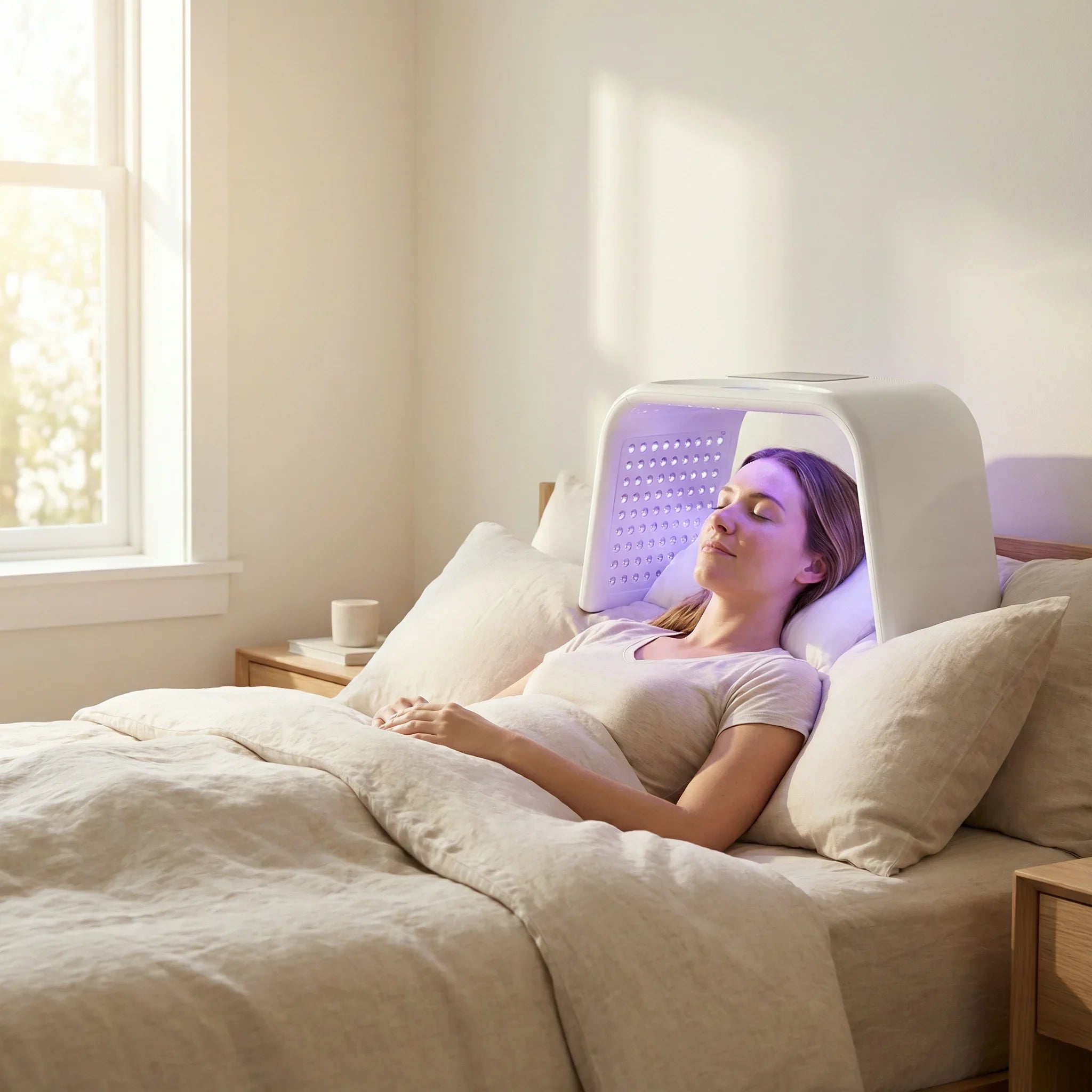 Woman lying in bed with a white hooded light therapy device on her head.