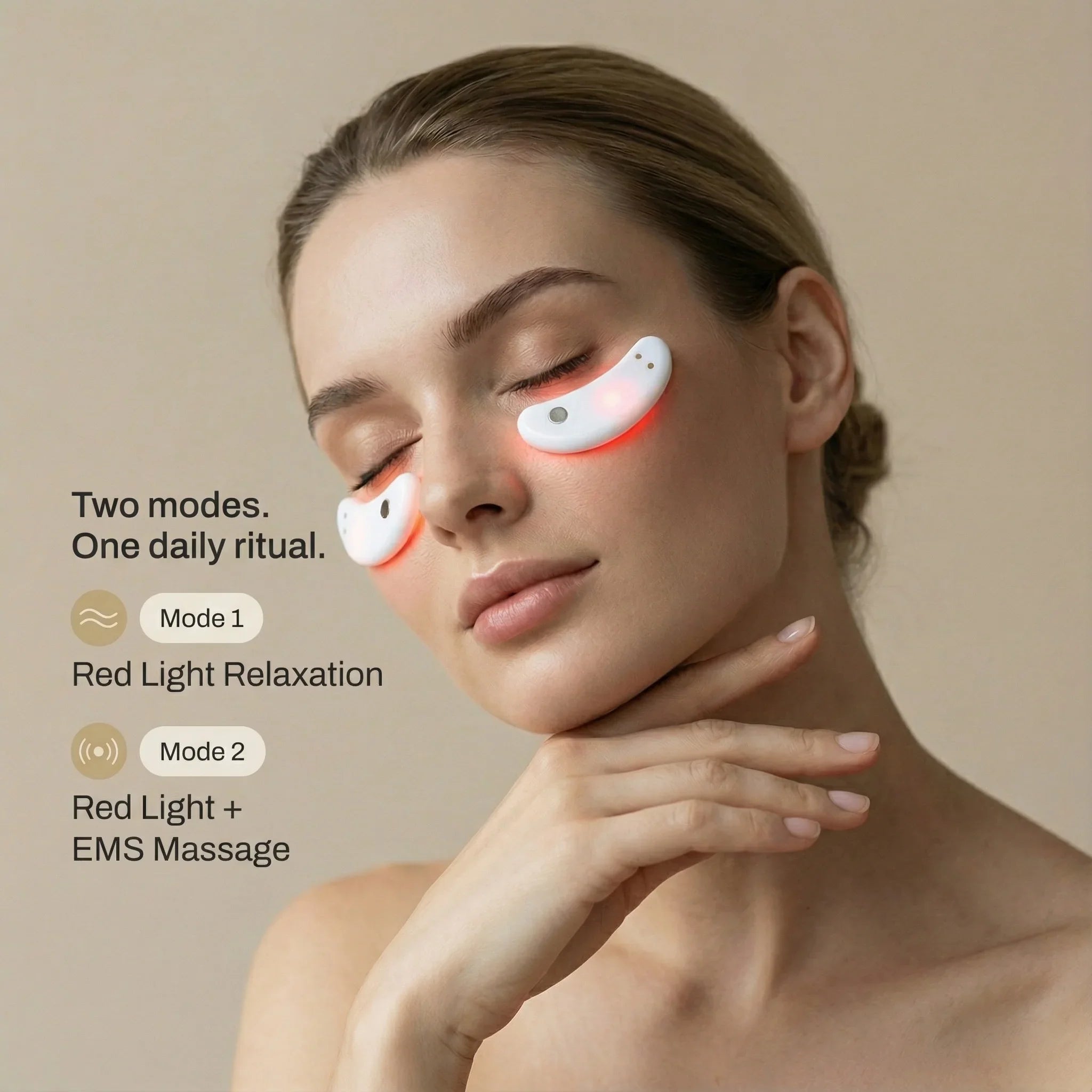 Woman using a red light device on her face with text about two modes and a daily ritual.